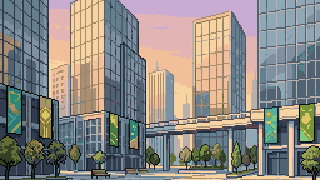 Downtown Aurelia at golden hour, in pixel art