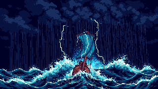 A pixel-art gale over the Halter Sea