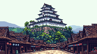 A castle town beneath a white keep, in pixel art