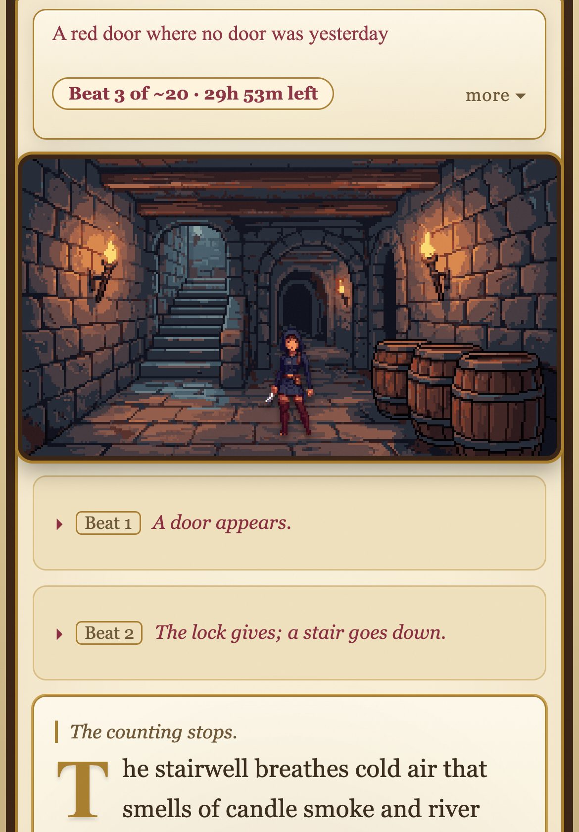 A LAST LANTERN table on a phone: the scene, the passage, a rogue in the torchlight