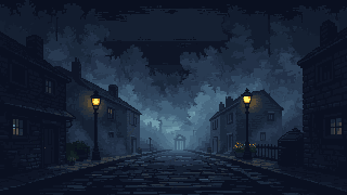 A fog-bound gaslit street, in pixel art