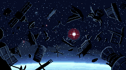 A wrecked convoy drifting in pixel-art vacuum