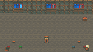 A pixel-art tavern at night